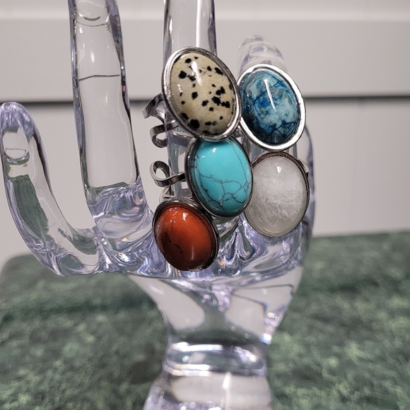 Multi-Variety Stone Silver Stainless Steel Rings Size 7-8 - Picture 12 of 16